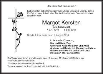 Traueranzeige von Margot Kersten von Frankenpost