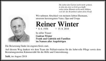 Traueranzeige von Reiner Winter von Südthüringer Presse