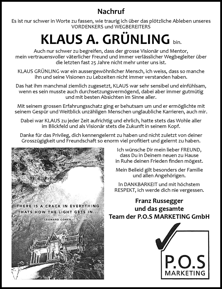  Traueranzeige für Klaus Grünling vom 01.08.2018 aus Frankenpost