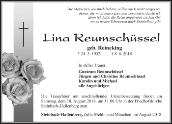 Traueranzeige von Lina Reumschüssel von Südthüringer Presse