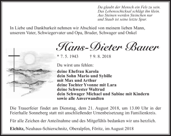 Traueranzeige von Hans-Dieter Bauer von Südthüringer Presse