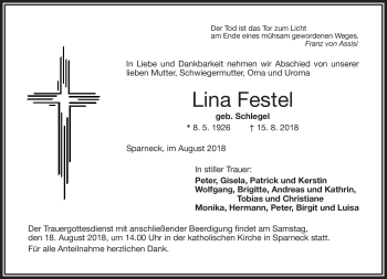 Traueranzeige von Lina Festel von Frankenpost