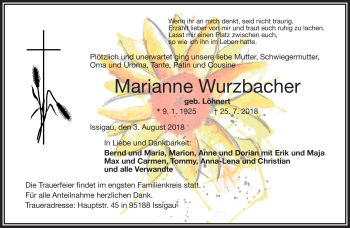 Traueranzeige von Marianne Wurzbacher von Frankenpost