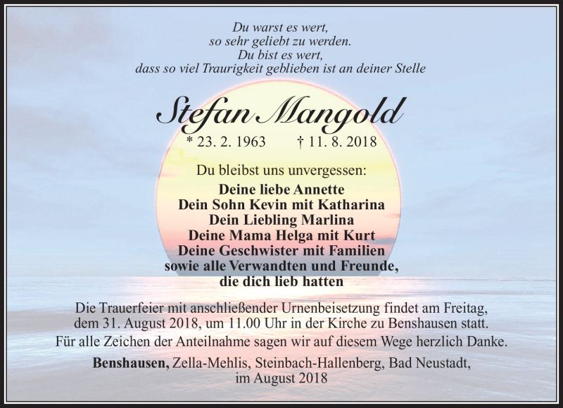  Traueranzeige für Stefan Mangold vom 18.08.2018 aus Südthüringer Presse