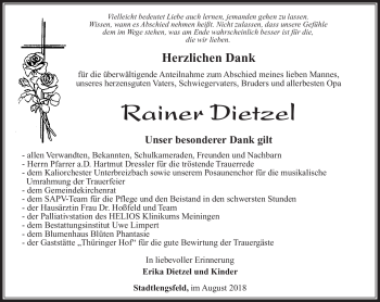 Traueranzeige von Rainer Dietzel von Südthüringer Presse
