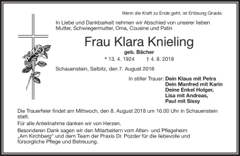 Traueranzeige von Klara Knieling von Frankenpost