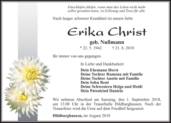 Traueranzeige von Erika Christ von Südthüringer Presse