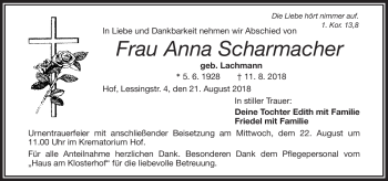 Traueranzeige von Anna Scharmacher von Frankenpost