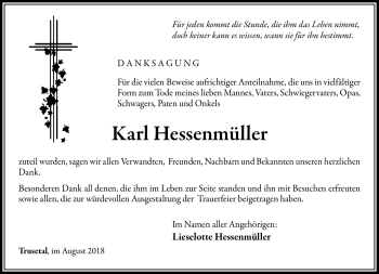 Traueranzeige von Karl Hessenmüller von Südthüringer Presse