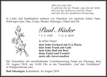 Traueranzeige von Paul Mäder von Südthüringer Presse
