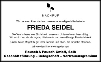 Traueranzeige von Frieda Seidel von Frankenpost