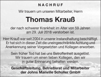 Traueranzeige von Thomas Krauß von Südthüringer Presse