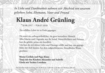 Traueranzeige von Klaus Grünling von Frankenpost