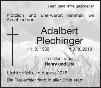 Traueranzeige von Adelbert Plechinger von Neue Presse Coburg