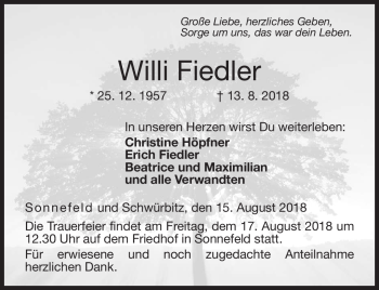 Traueranzeige von Willi Fiedler von Neue Presse Coburg
