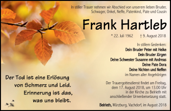 Traueranzeige von Frank Hartleb von Südthüringer Presse