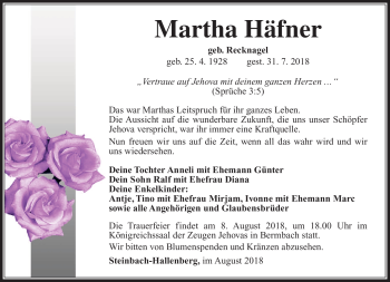 Traueranzeige von Martha Häfner von Südthüringer Presse