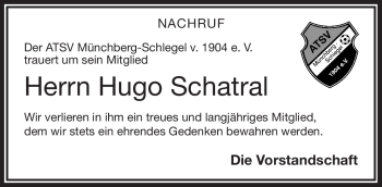 Traueranzeige von Hugo Schatral von Frankenpost