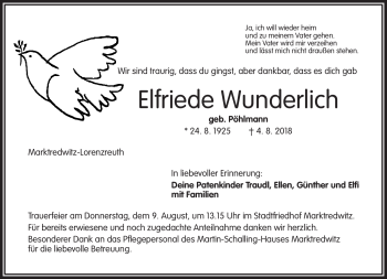 Traueranzeige von Elfriede Wunderlich von Frankenpost