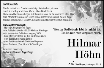 Traueranzeige von Hilmar Höhn von Südthüringer Presse