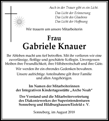 Traueranzeige von Gabriele Knauer von Südthüringer Presse