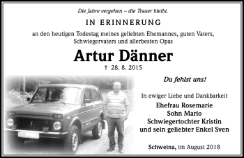 Traueranzeige von Artur Dänner von Südthüringer Presse