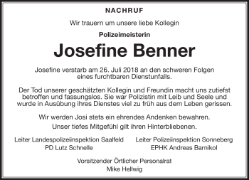 Traueranzeige von Josefine Benner von Südthüringer Presse