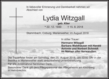 Traueranzeige von Lydia Witzgall von Frankenpost
