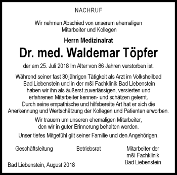 Traueranzeige von Waldemar Töpfer von Südthüringer Presse