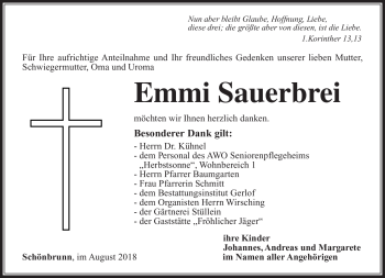 Traueranzeige von Emmi Sauerbrei von Südthüringer Presse