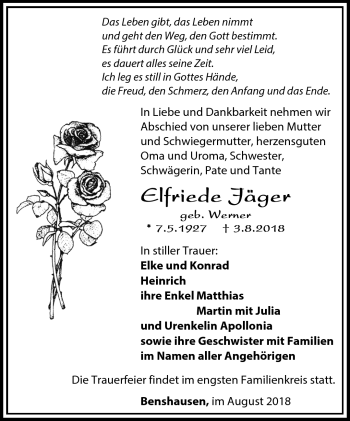 Traueranzeige von Elfriede Jäger von Südthüringer Presse
