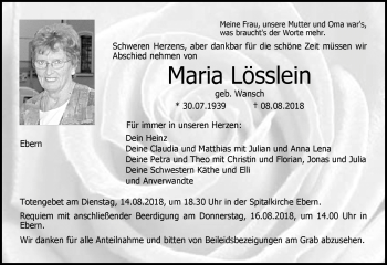 Traueranzeige von Maria Lösslein von Neue Presse Coburg
