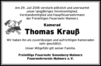 Traueranzeige von Thomas Krauß von Südthüringer Presse