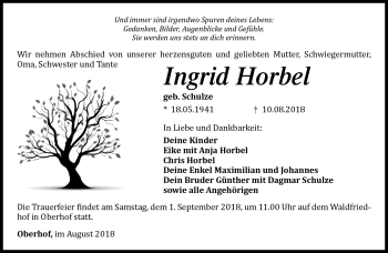 Traueranzeige von Ingrid Horbel von Südthüringer Presse