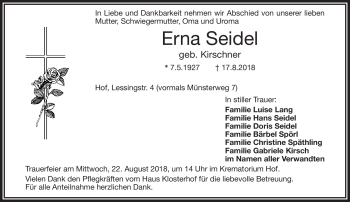Traueranzeige von Erna Seidel von Frankenpost