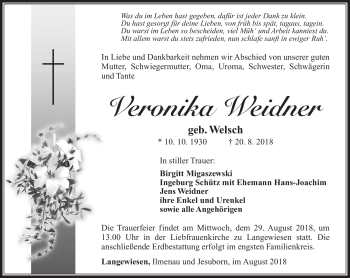 Traueranzeige von Veronika Weidner von Südthüringer Presse