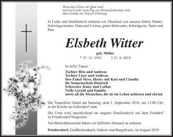 Traueranzeige von Elsbeth Witter von Südthüringer Presse