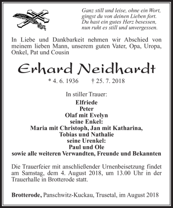 Traueranzeige von Erhard Neidhart von Südthüringer Presse