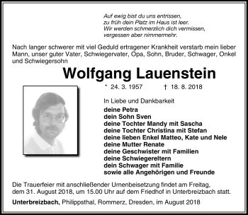 Traueranzeige von Wolfgang Lauenstein von Südthüringer Presse