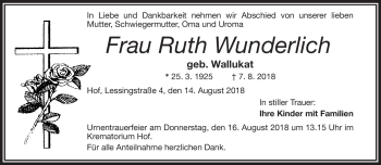 Traueranzeige von Ruth Wunderlich von Frankenpost