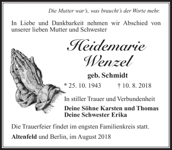 Traueranzeige von Heidemarie Wenzel von Südthüringer Presse