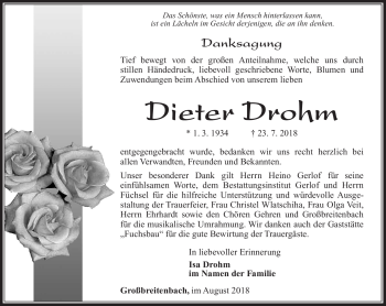 Traueranzeige von Dieter Drohm von Südthüringer Presse