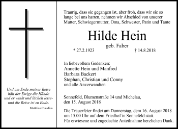 Traueranzeige von Hilde Hein von Neue Presse Coburg