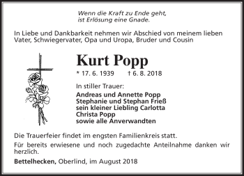 Traueranzeige von Kurt Popp von Südthüringer Presse