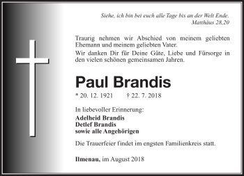 Traueranzeige von Paul Brandis von Südthüringer Presse