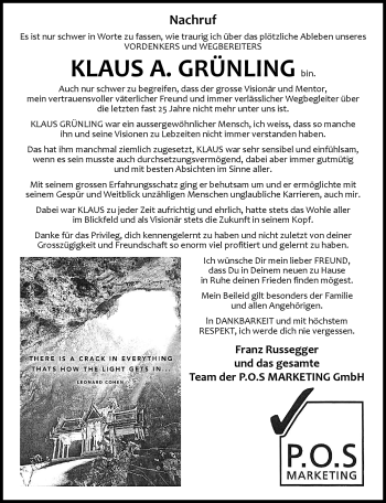 Traueranzeige von Klaus Grünling von Frankenpost