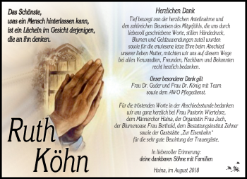 Traueranzeige von Ruth Köhn von Südthüringer Presse