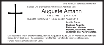 Traueranzeige von Auguste Amann von Frankenpost