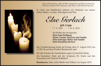 Traueranzeige von Else Gerlach von Südthüringer Presse