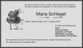 Traueranzeige von Maria Schlegel von Frankenpost